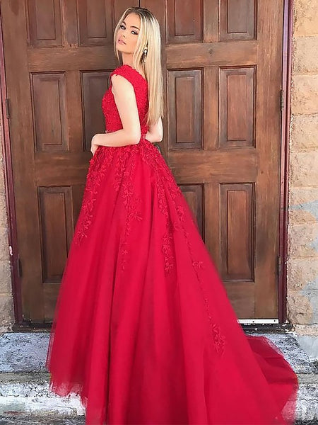 A Line V Neck Sleeveless Red Lace Prom Dresses, Red Lace Formal Dresses, Red Party Dresses