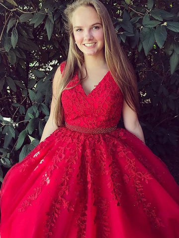 A Line V Neck Sleeveless Red Lace Prom Dresses, Red Lace Formal Dresses, Red Party Dresses