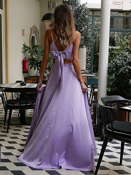 A Line V Neck Two Pieces Purple Prom Dresses, 2 Pieces Lavander Formal Graduation Evening Dresses
