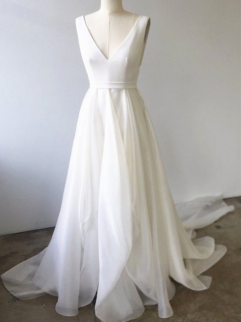 A Line V Neck White Prom Dresses with Train, V Neck Formal Wedding Dre jbydress A Line V Neck White Prom Dresses with Train, V Neck Formal Wedding Dre jbydress
