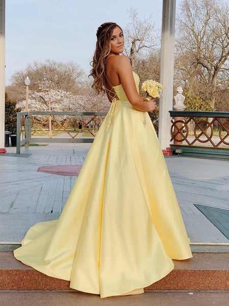 A Line V Neck Yellow Backless Prom Dresses, Backless Long Yellow Formal Graduation Evening Dresses
