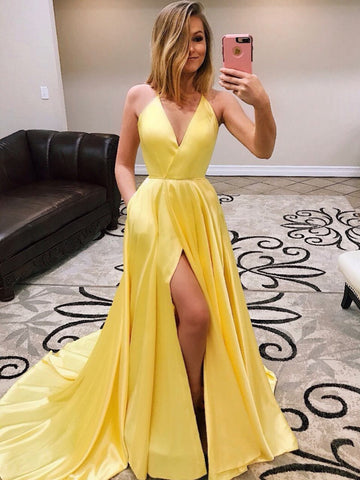 A Line V Neck Yellow Prom Dress with Leg Slit, High Slit Yellow Formal Evening Graduation Dresses Long