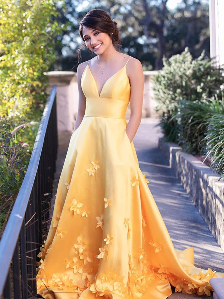 A Line V Neck Yellow Prom Dresses with Flower, Yellow Floral Long Formal Evening Graduation Dresses