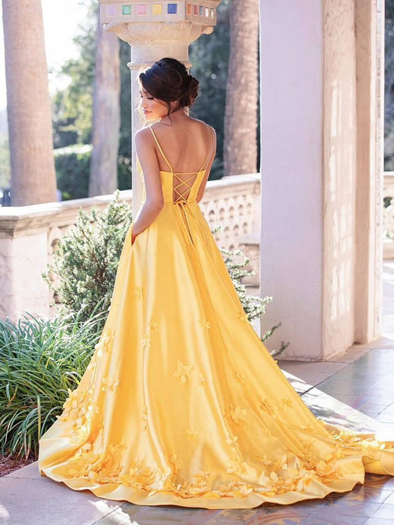 A Line V Neck Yellow Prom Dresses with 3D Flower, Yellow Floral Long F jbydress A Line V Neck Yellow Prom Dresses with 3D Flower, Yellow Floral Long F jbydress
