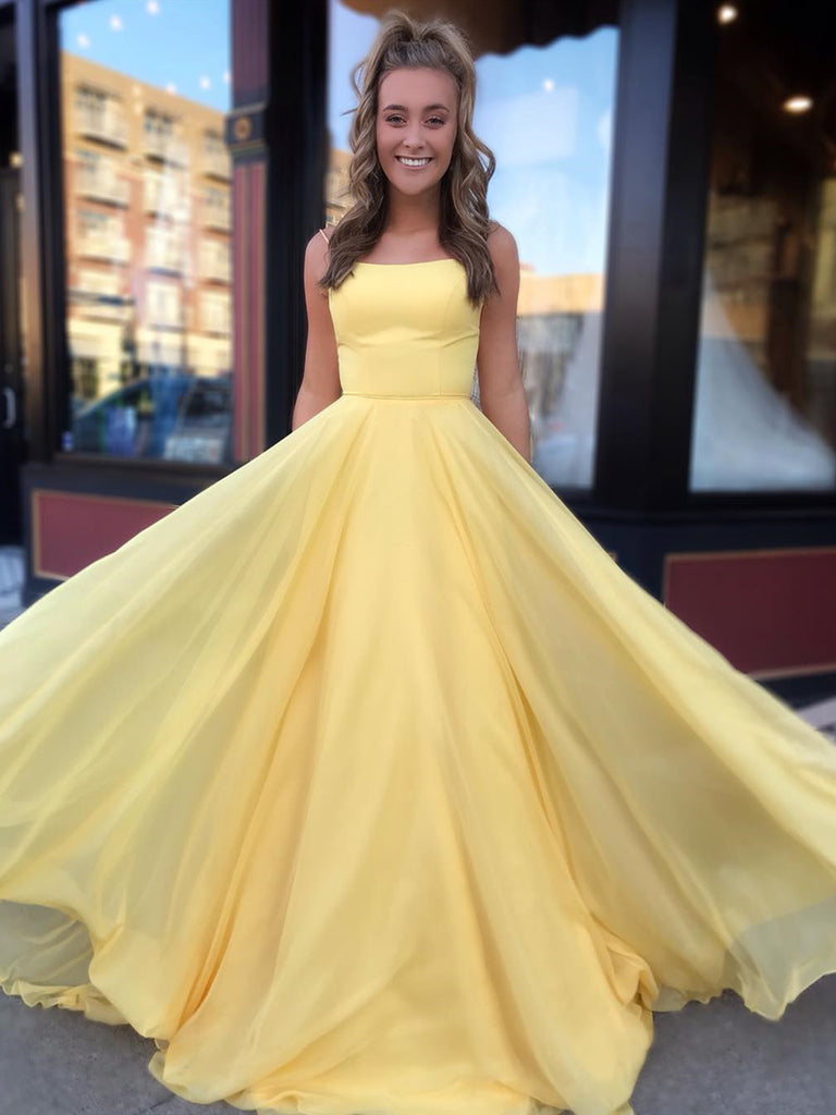 A Line Yellow Backless Floor Length Prom Dresses, Long Backless Formal Graduation Evening Dresses
