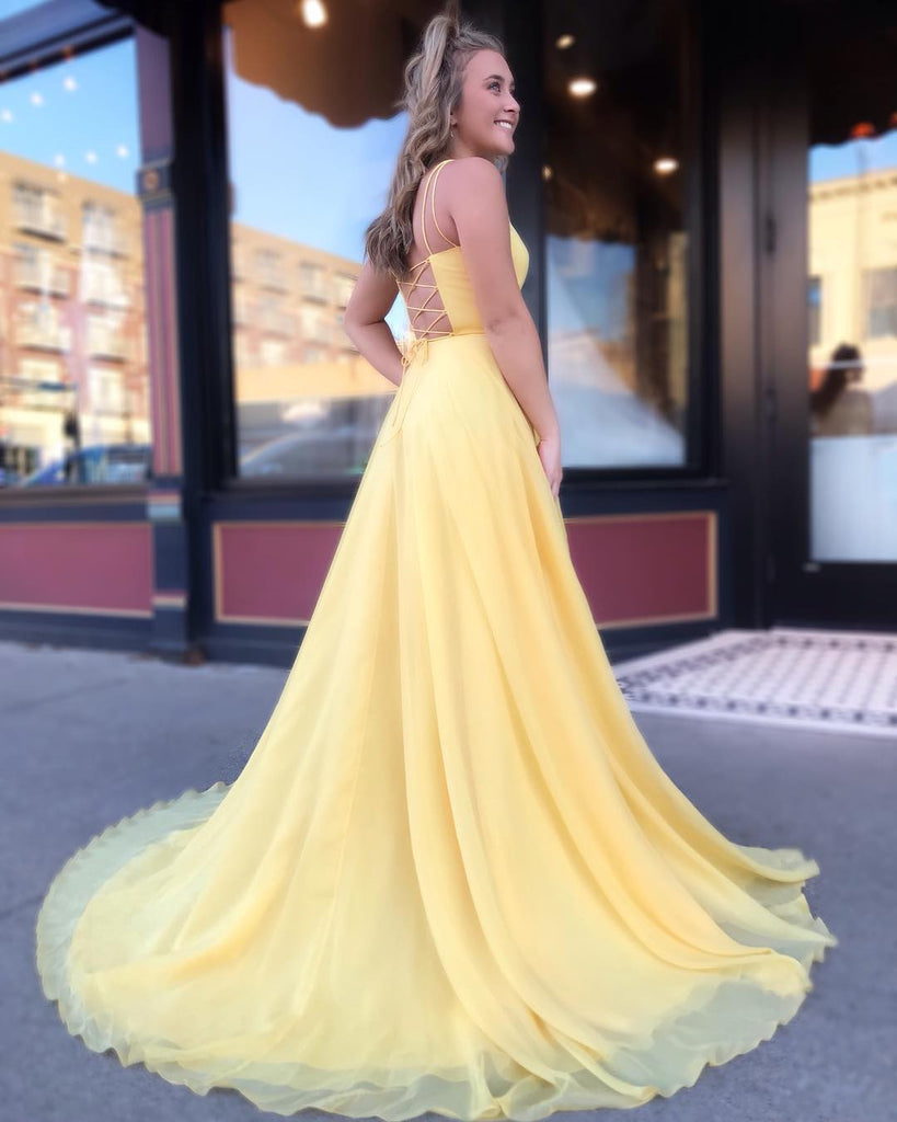 yellow backless formal dress Zapaka Women Mermaid Prom Dress Yellow Spaghetti Straps Backless Formal Dress with Appliques, Yellow / US12