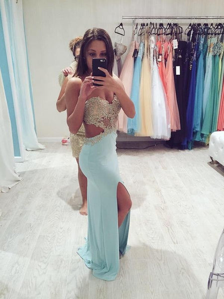 A Line Baby Blue Backless Long Lace Prom Dress, Long Lace Formal Dress