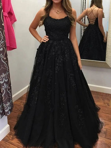Backless Black Long Lace Prom Dresses, Open Back Black Lace Formal Evening Dresses