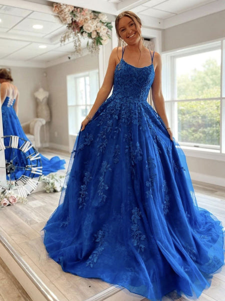 Backless Blue Lace Prom Dresses, Open Back Blue Lace Formal Evening Dresses