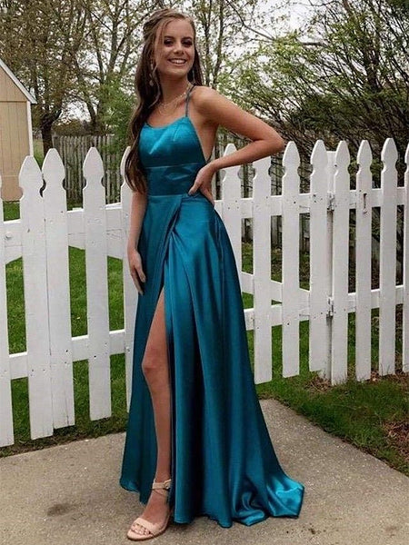 Backless Blue Long Prom Dresses, Open Back Blue Long Formal Graduation Dresses
