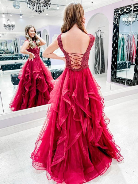 Backless Burgundy Lace Prom Dresses, Open Back Wine Red Lace Formal Evening Dresses