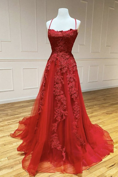 Backless Burgundy Lace Prom Dresses, Wine Red Open Back Lace Formal Evening Dresses