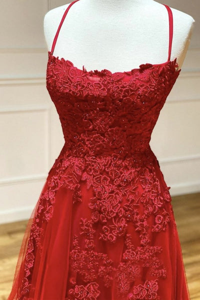 Backless Burgundy Lace Prom Dresses, Wine Red Open Back Lace Formal Evening Dresses