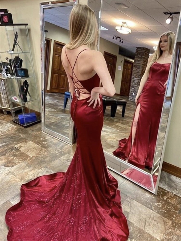 Backless Burgundy Long Prom Dresses with Sweep Train, Wine Red Long Formal Evening Dresses