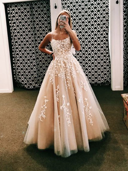 Backless Champagne Pink Long Lace Prom Dresses, Open Back Long Lace Formal Wedding Dresses