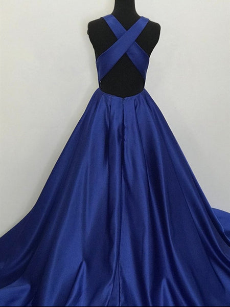 Backless Deep V Neck Blue Long Prom Dresses, Open Back Blue Long Formal Evening Dresses
