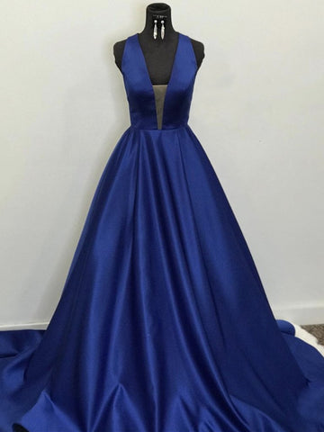 Backless Deep V Neck Blue Long Prom Dresses, Open Back Blue Long Formal Evening Dresses