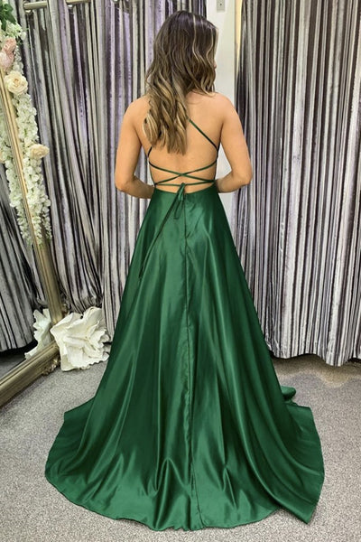 Backless Emerald Green Long Prom Dresses, Open Back Green Long Formal Evening Dresses