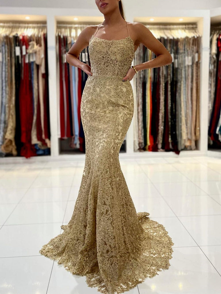 Backless Gold Mermaid Lace Prom Dresses, Open Back Golden Mermaid Lace Formal Evening Dresses