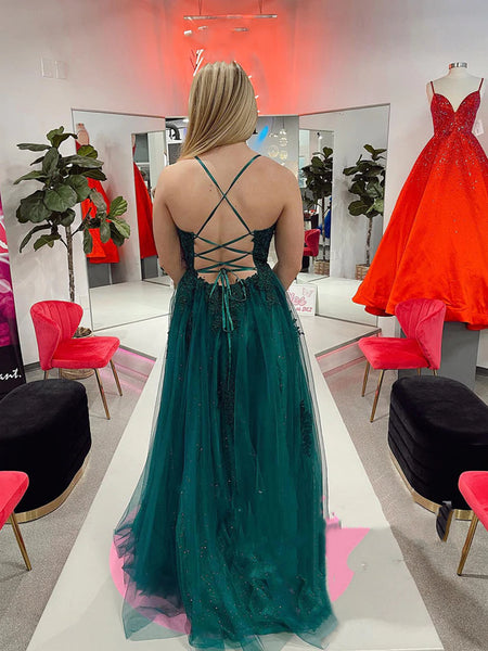 Backless Green Lace Prom Dresses, Open Back Green Lace Formal Graduation Dresses