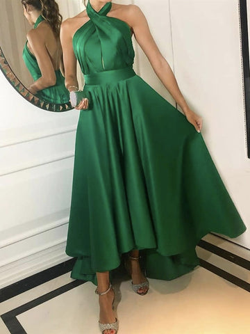 Backless Green Satin High Low Prom Dresses, High Low Green Satin Formal Evening Dresses
