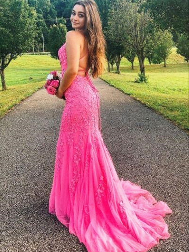 Backless Hot Pink Mermaid Lace Prom Dresses, Hot Pink Mermaid Lace Formal Evening Dresses