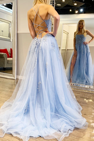 Backless Light Blue Lace Prom Dresses, Open Back Light Blue Lace Formal Evening Dresses