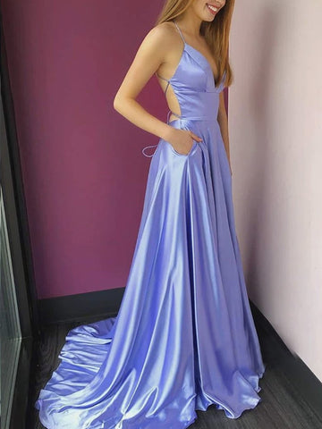 Backless Purple Satin Long Prom Dresses, Open Back Lilac Formal Evening Dresses