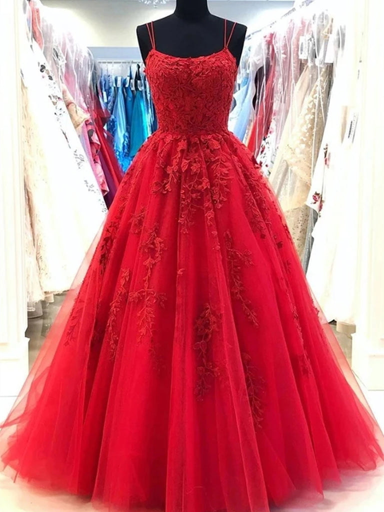 Backless Red Lace Prom Dresses, Open Back Red Lace Formal Evening Graduation Dresses