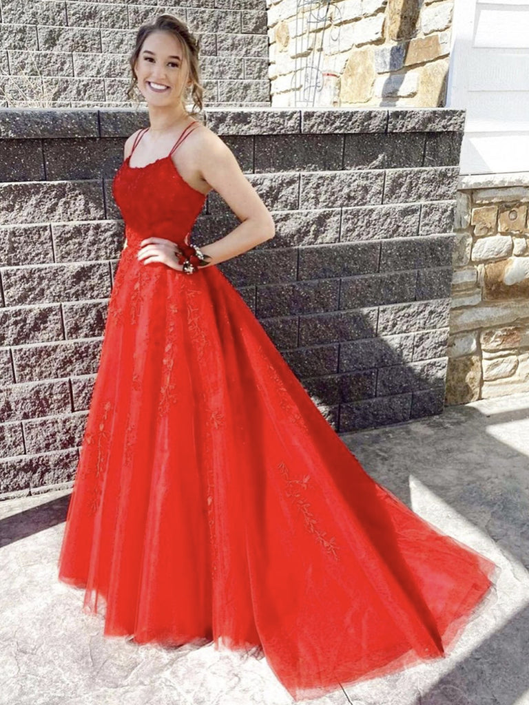 Backless Red Lace Prom Dresses, Open Back Red Lace Long Formal Evening Dresses