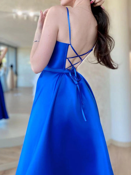 Backless Royal Blue Satin Long Prom Dresses, Open Back Royal Blue Long Formal Evening Dresses