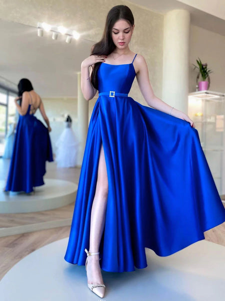 Backless Royal Blue Satin Long Prom Dresses, Open Back Royal Blue Long Formal Evening Dresses