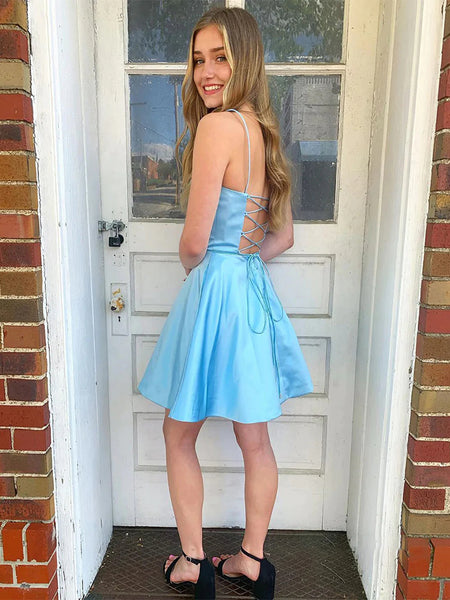 Backless Short Blue Prom Dresses, Open Back Short Blue Formal Homecoming Dresses