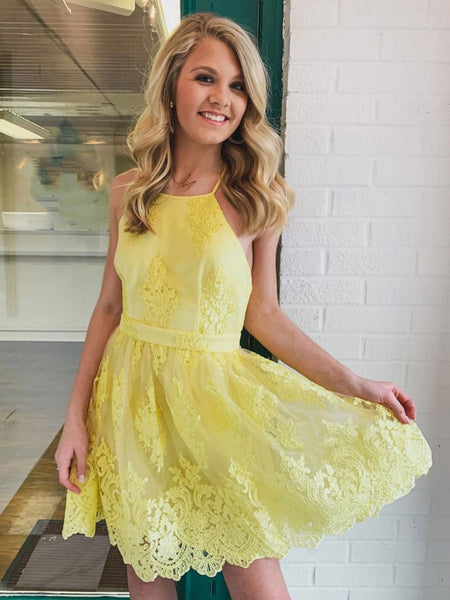 Backless Short Yellow Lace Prom Dresses, Open Back Short Yellow Lace Graduation Homecoming Dresses