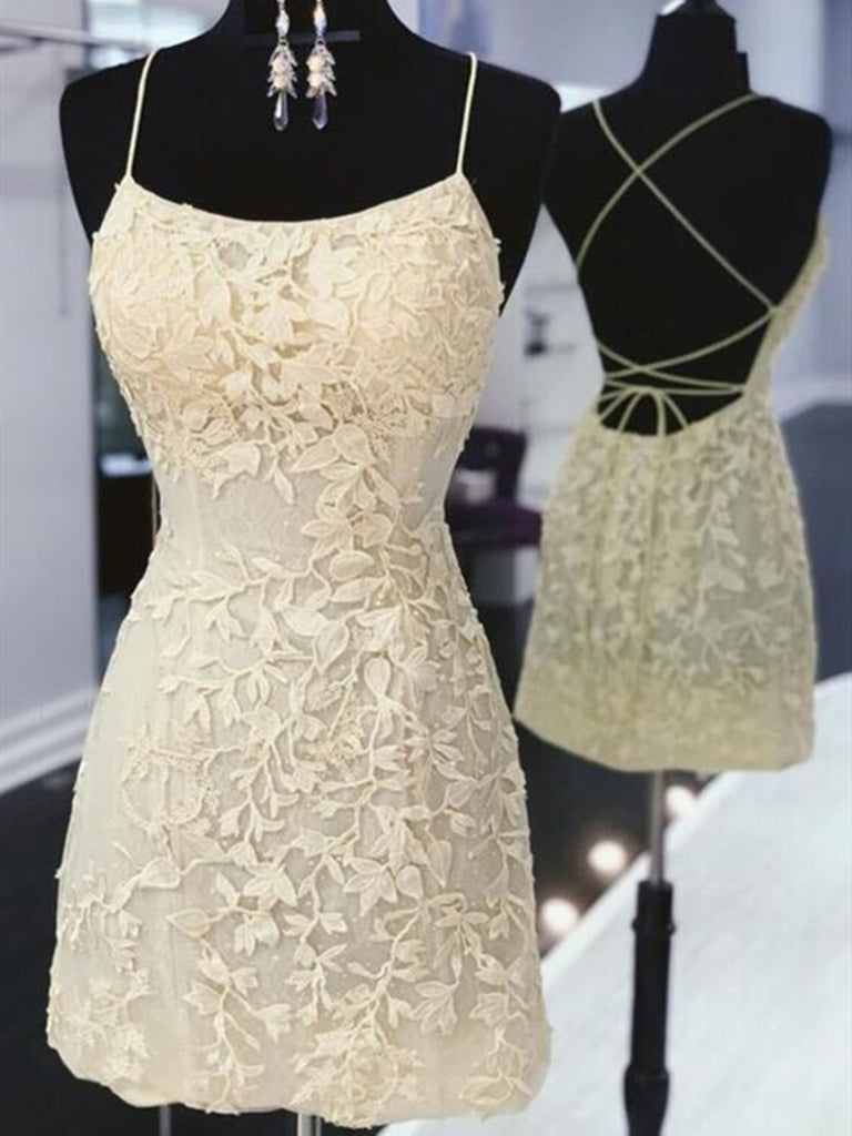 Backless Short Yellow Lace Prom Dresses, Short Open Back Lace Formal Homecoming Graduation Dresses