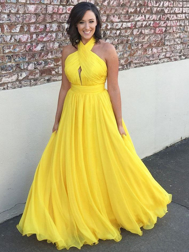 Backless Yellow Chiffon Long Prom Dresses, Open Back Yellow Formal Bri jbydress Backless Yellow Chiffon Long Prom Dresses, Open Back Yellow Formal Bri jbydress