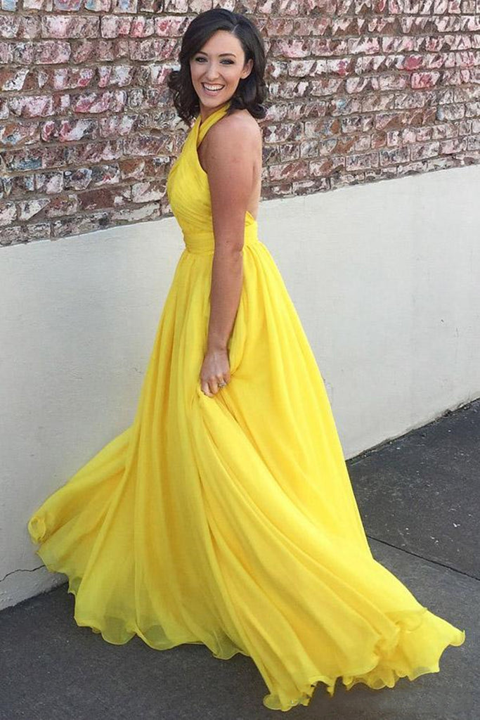 Backless Yellow Chiffon Long Prom Dresses, Open Back Yellow Formal Bri – jbydress