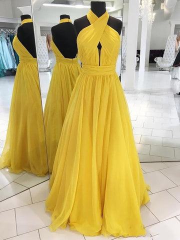 Backless Yellow Chiffon Long Prom Dresses, Open Back Yellow Formal Bridesmaid Dresses