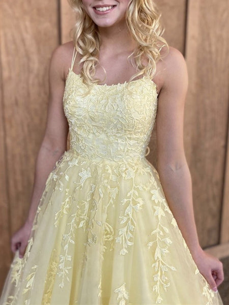 Backless Yellow Lace Prom Dresses, Open Back Yellow Lace Formal Evening Dresses