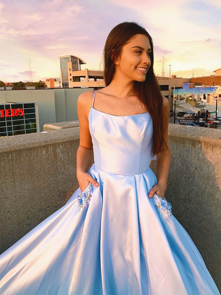 Princess V Neck Straps Sky Blue Tulle Glitter Prom Dress, Pockets| Misdress