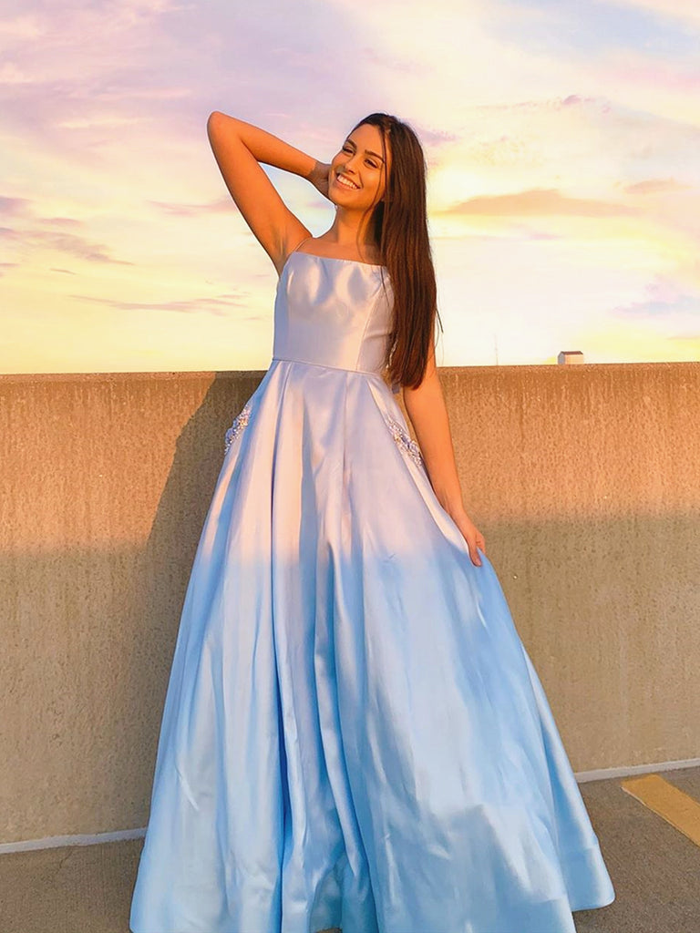 Backless Light Blue Long Prom Dress with Pockets, Backless Long