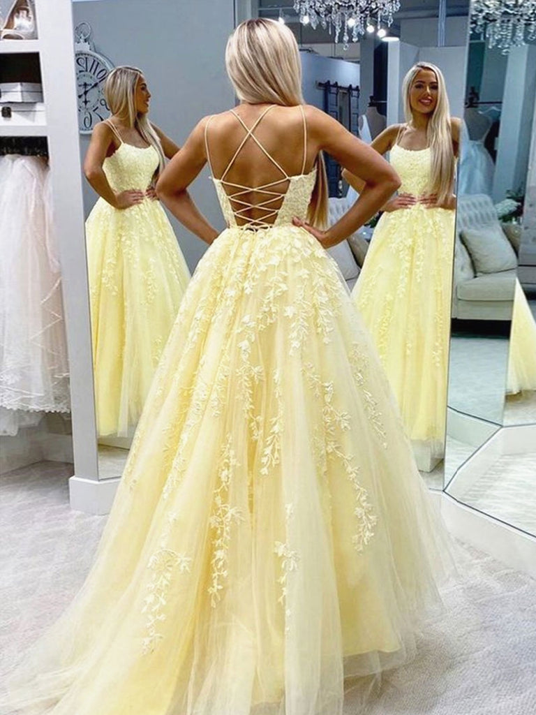 Backless Long Yellow Lace Prom Dresses, Backless Yellow Lace