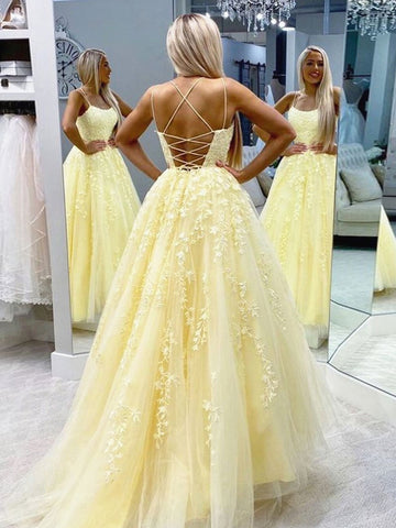Backless Long Yellow Lace Prom Dresses, Backless Yellow Lace Formal Evening Dresses