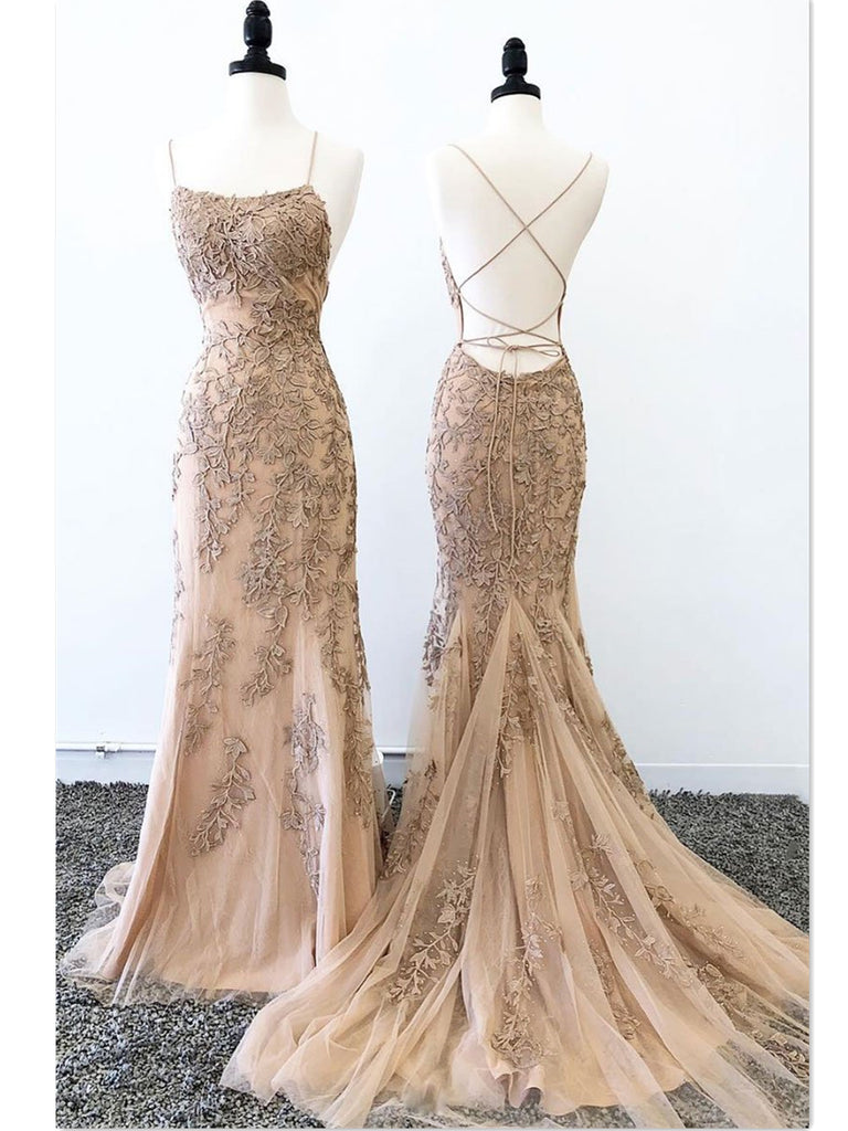 Backless Mermaid Champagne Lace Prom Dresses, Mermaid Champagne Lace Formal Graduation Evening Dresses