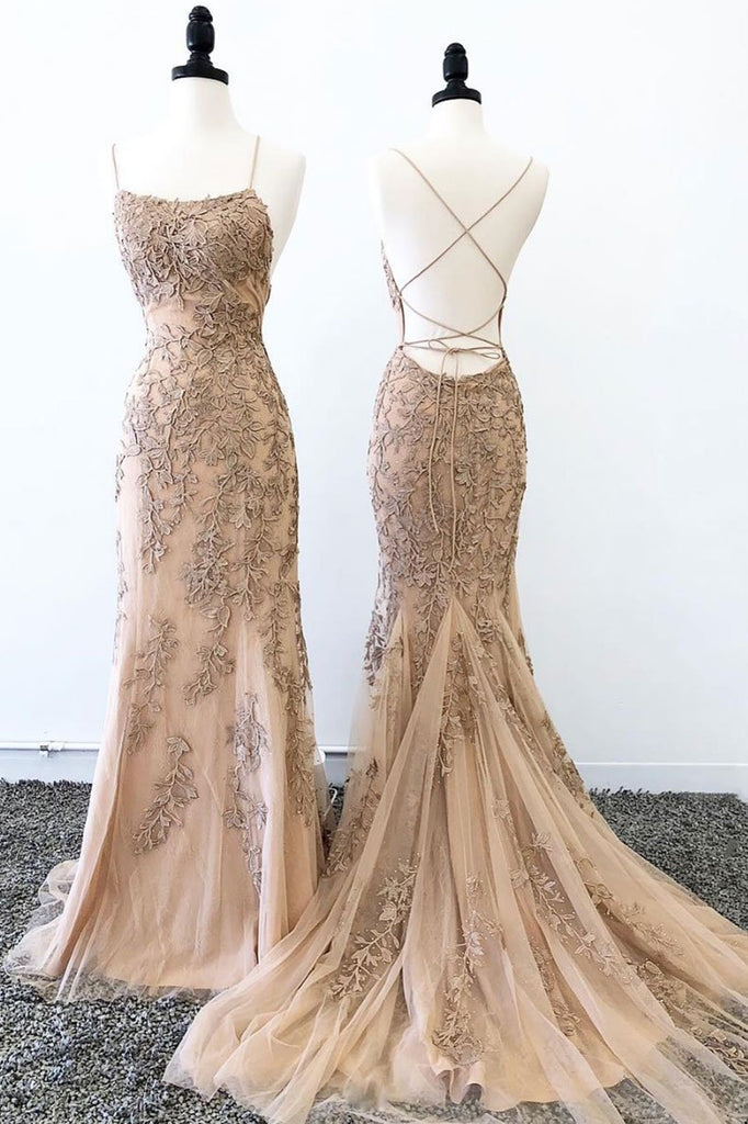 Champagne V Neck Floor Length Lace Long Prom Dresses, Champagne Formal –  Shiny Party