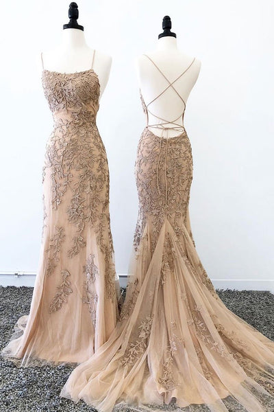 Backless Mermaid Champagne Lace Prom Dresses, Mermaid Champagne Lace Formal Graduation Evening Dresses