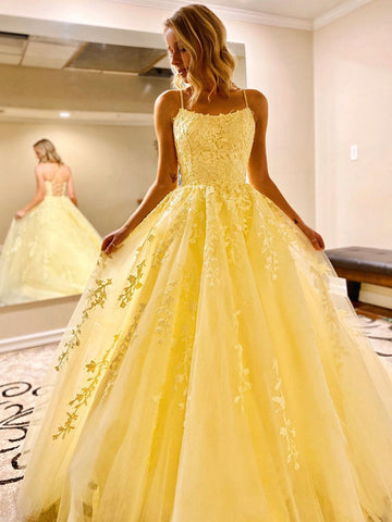Backless Yellow Lace Prom Dresses, Open Back Yellow Lace Formal Evening Bridesmaid Dresses