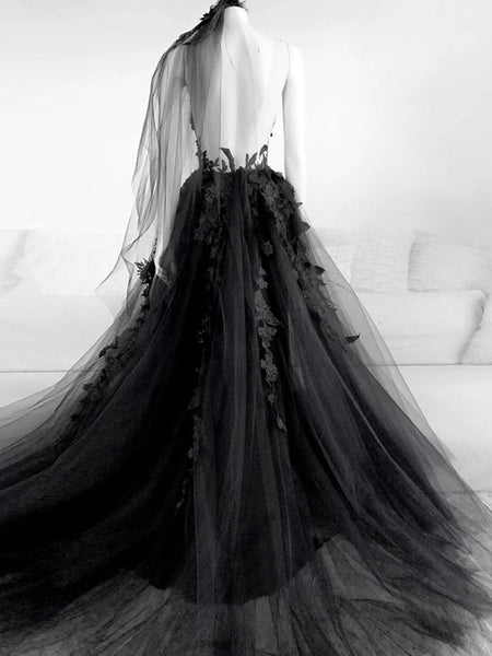 Black Floral Long Prom Dresses, Long Black Floral Formal Evening Dresses