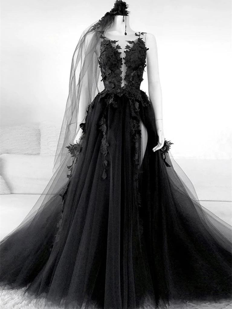 Black Floral Long Prom Dresses, Long Black Floral Formal Evening Dress – jbydress Black Floral Long Prom Dresses, Long Black Floral Formal Evening Dress – jbydress