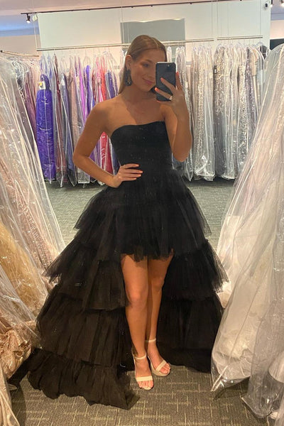 Black High Low Tulle Prom Dress, Black Tulle High Low Formal Evening Dresses